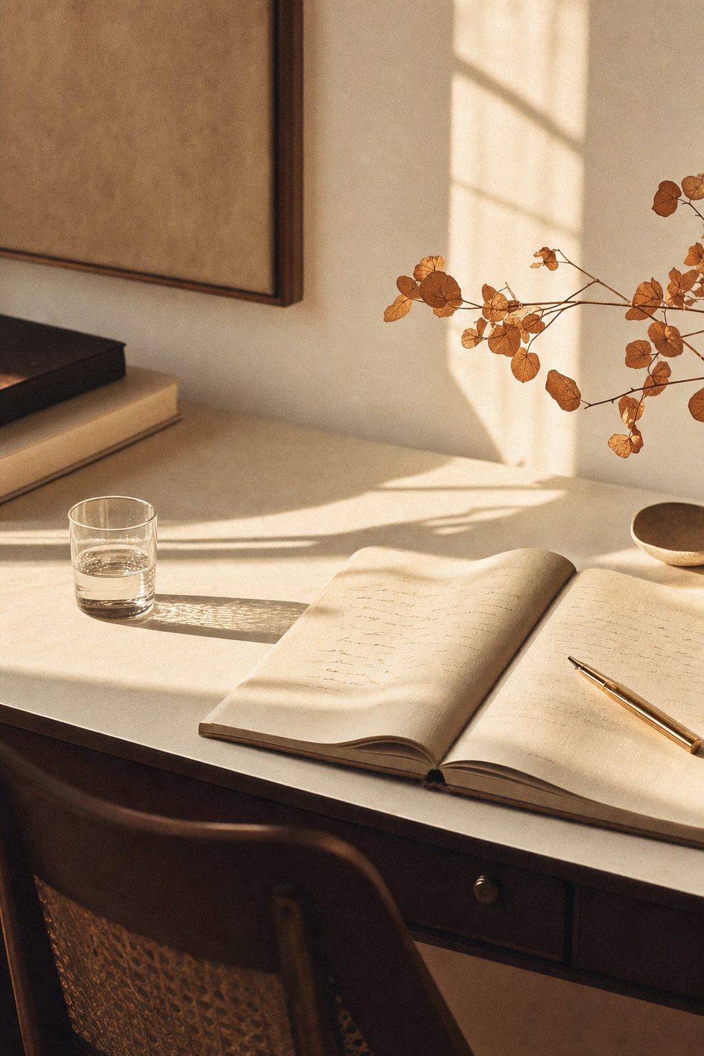 An open magazine, a cup of coffee and reading glasses on an ivory table in soft morning light