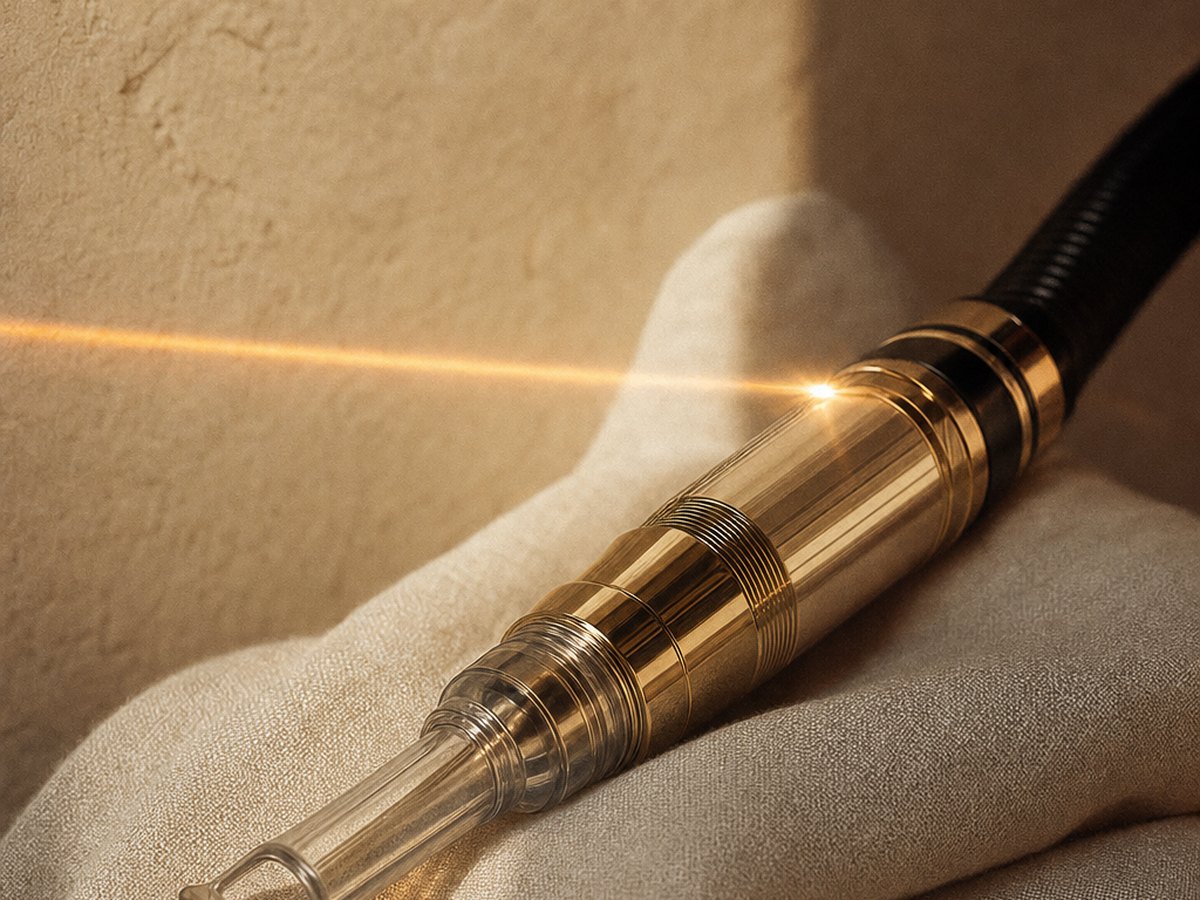 A brass laser handpiece resting on folded ivory linen, a fine blade of warm light crossing the frame