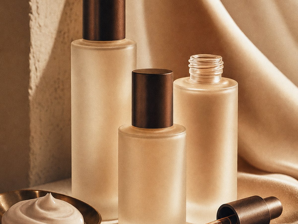 Three unbranded frosted-glass serum bottles and a dropper on an ivory ledge in warm morning light