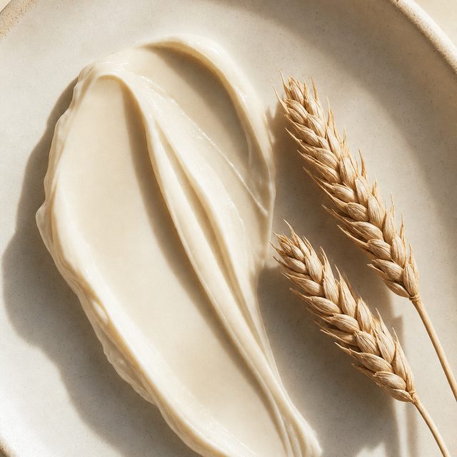 Swatch of ivory cream on a ceramic plate with barley stems