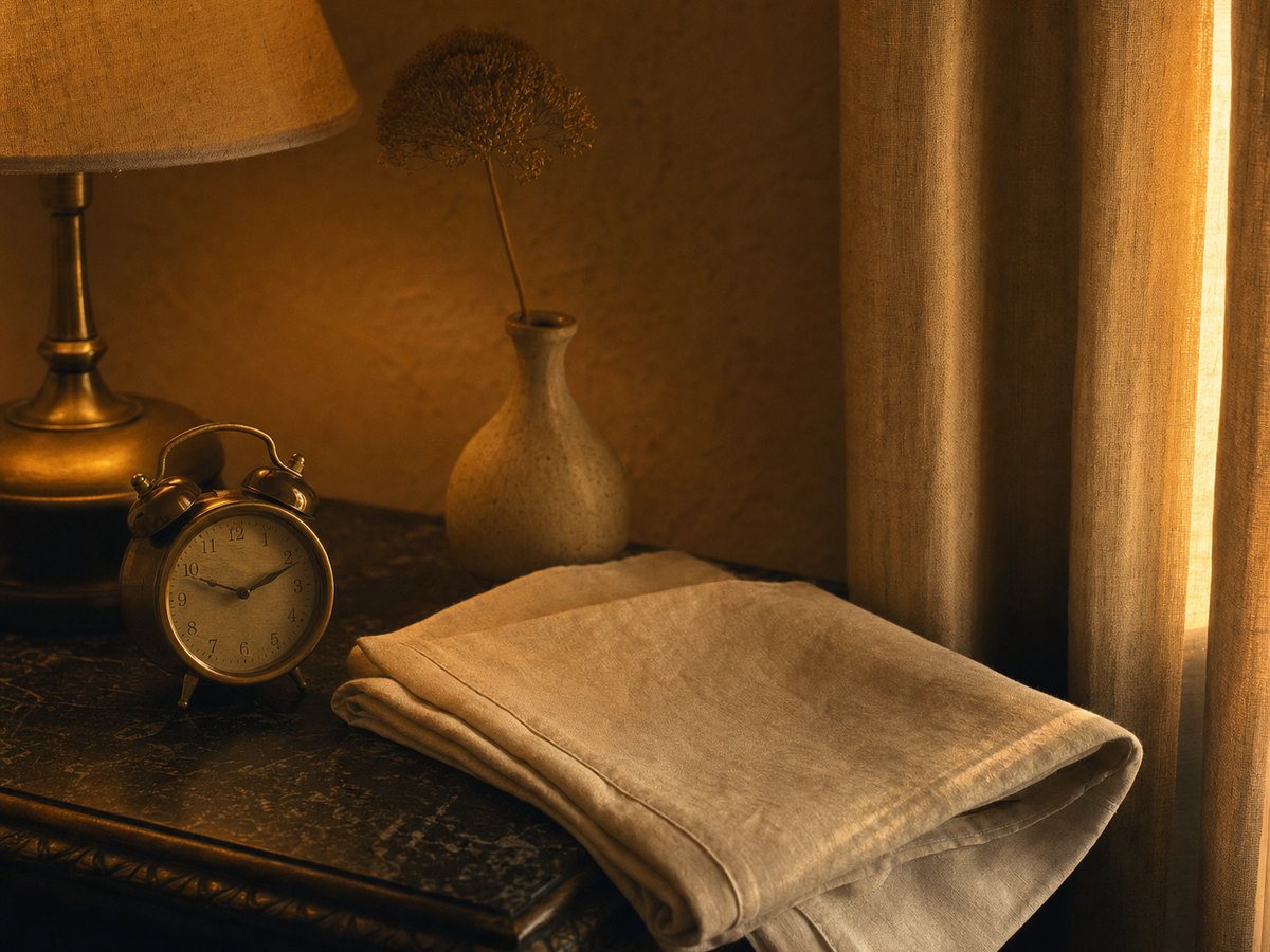 A brass alarm clock, a shaded lamp and folded linen on a bedside table in low apricot evening light