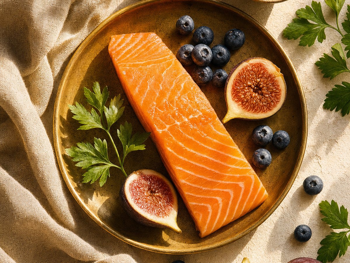 A brass plate of salmon, halved figs, blueberries and parsley on warm ivory linen in soft daylight