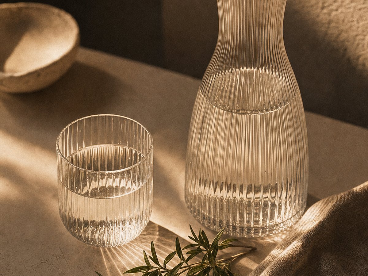 A ribbed glass carafe and tumbler of water on warm ivory stone, a sprig of rosemary alongside in morning light